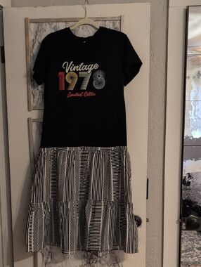 Black Graphic Tee Maxi Dress with Striped Tiered Skirt
